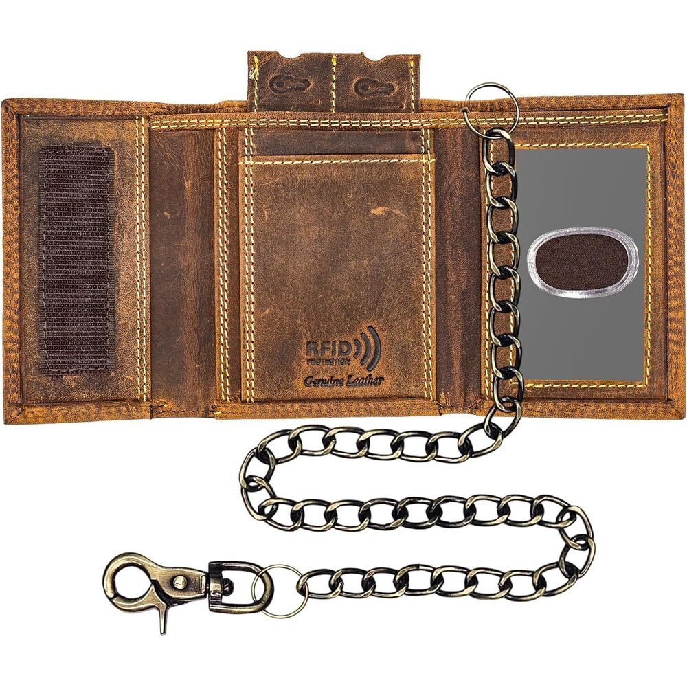 4923 RFID Blocking Slim Wallet Biker Chain Wallet Real Leather Trifold